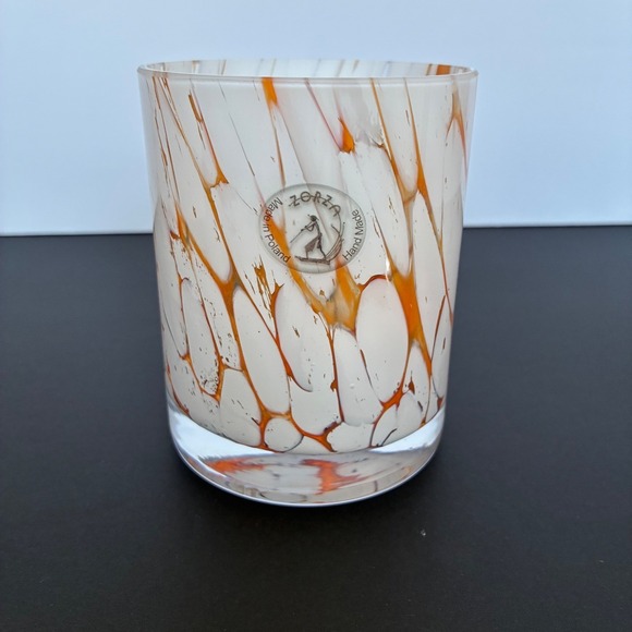 Zorza Other - Zorza Glass Tumbler White Orange Hand Made Poland Art Glass MCM Barware